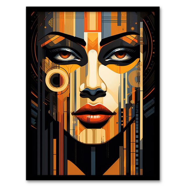 Artery8 Wall Art Print Gold Art Deco Futuristic Abstract Bold Striking Artwork Woman Face Metropolis Painting Art Framed in Black - Size: A4 - image 1