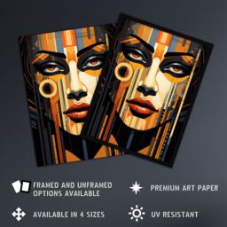 Artery8 Wall Art Print Gold Art Deco Futuristic Abstract Bold Striking Artwork Woman Face Metropolis Painting Art Framed in Black - Size: A4 - thumbnail 2