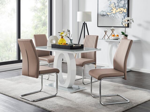 FurnitureboxUK Giovani Grey White Modern High Gloss & Glass Dining Table & 4 Lorenzo Chairs Set in Beige - image 1