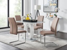 FurnitureboxUK Giovani Grey White Modern High Gloss & Glass Dining Table & 4 Lorenzo Chairs Set in Beige