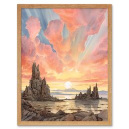 "Artery8 Wall Art Print Mono Lake Atmospheric Clouds at Dawn Break Modern Watercolour Painting Art Framed in Light Oak - Size: W12"" x H16""" - thumbnail 1