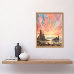 "Artery8 Wall Art Print Mono Lake Atmospheric Clouds at Dawn Break Modern Watercolour Painting Art Framed in Light Oak - Size: W12"" x H16""" - thumbnail 2