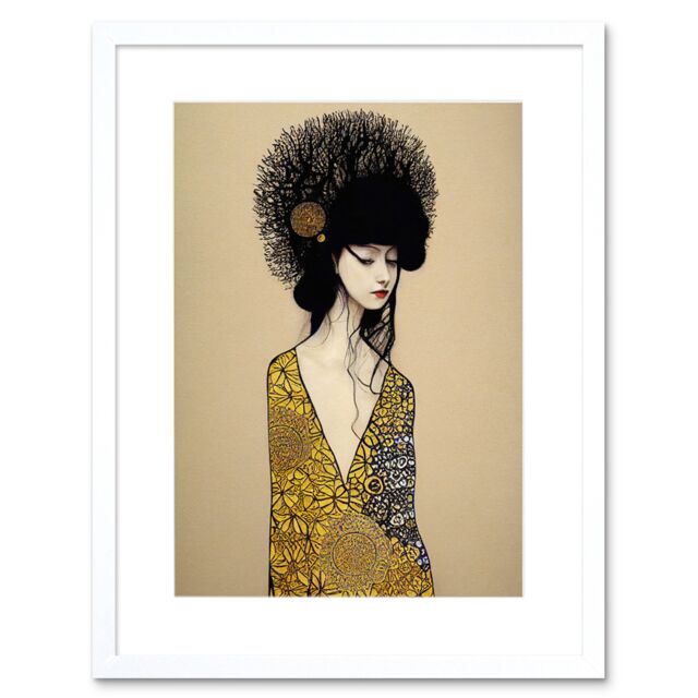 "Artery8 Wall Art Print Golden Geisha Abstract Elegant Painting Artwork Framed 9X7 Inch in White - Size: W7"" x H9""" - image 1