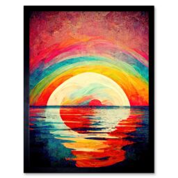 "Artery8 Wall Art Print Rainbow Sunset At Sea Vibrant Expressionism Art Framed in Black - Size: W12"" x H16""" - thumbnail 1