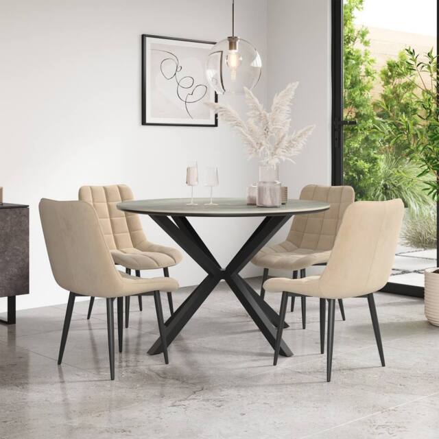 More4Homes Calne Light grey Ceramic Round Dining Table & 6 Nova Velvet Chairs in Beige - image 1