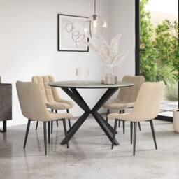 More4Homes Calne Light grey Ceramic Round Dining Table & 6 Nova Velvet Chairs in Beige