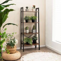 Costway 4-Tier Ladder Bookshelf Industrial Bookcase Storage Shelving Unit Anti Tipping in Brown - thumbnail 6