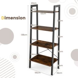 Costway 4-Tier Ladder Bookshelf Industrial Bookcase Storage Shelving Unit Anti Tipping in Brown - thumbnail 2