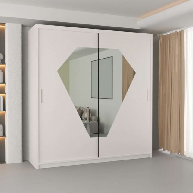 MN Furniture Wardrobe with Unique Mirror Design-LED Light 150x217cm in White - Size: 150x217 cm - image 1