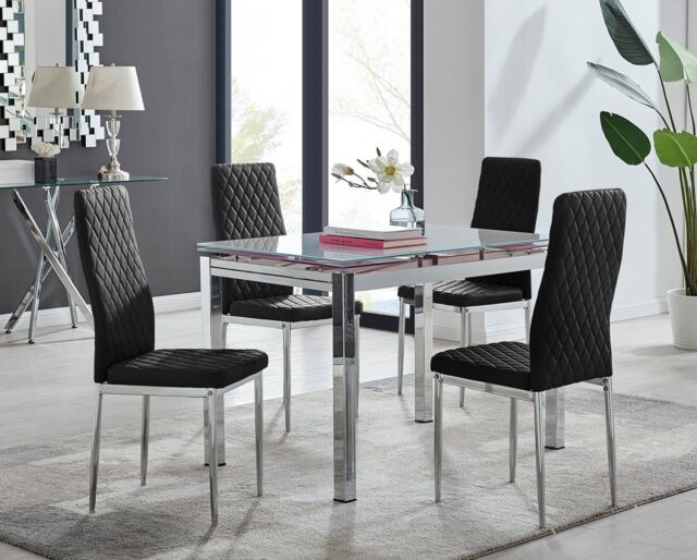FurnitureboxUK Enna White Glass Extending 4-6 Seater Dining Table & 4 Milan Soft Velvet Chairs in Black - image 1