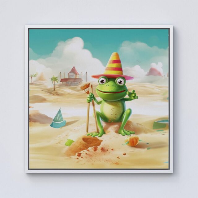 Warren Reed - Designer Happy Frog On A Beach Holiday Framed Canvas in Off-White - Size: w40 inch x h40 inch - image 1