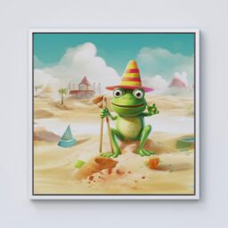 Warren Reed - Designer Happy Frog On A Beach Holiday Framed Canvas in Off-White - Size: w40 inch x h40 inch - thumbnail 1