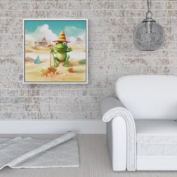 Warren Reed - Designer Happy Frog On A Beach Holiday Framed Canvas in Off-White - Size: w40 inch x h40 inch - thumbnail 2