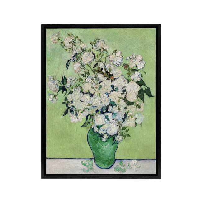 "Artery8 White Roses In Green Vase Van Gogh Black Framed Canvas Wall Art - Size: W12"" x H16""" - image 1