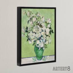 "Artery8 White Roses In Green Vase Van Gogh Black Framed Canvas Wall Art - Size: W12"" x H16""" - thumbnail 2