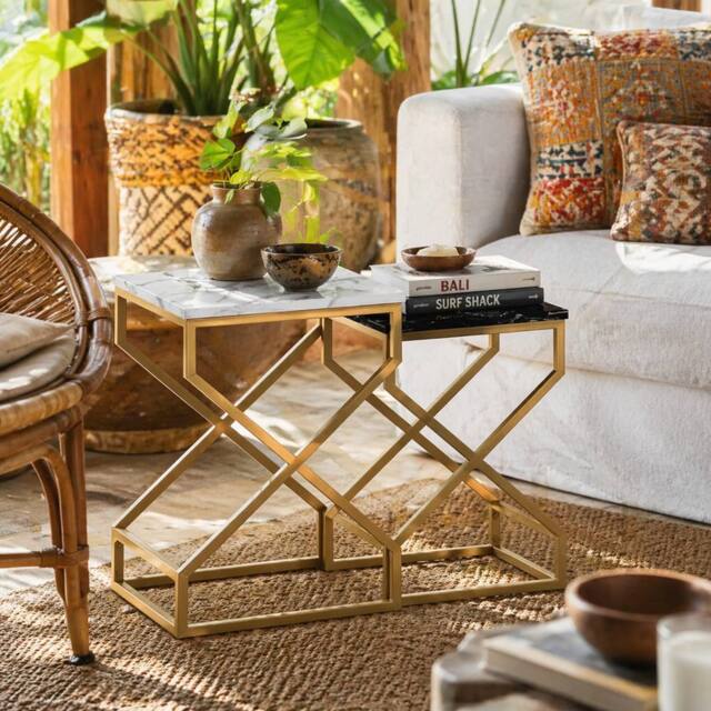 Wyld Haus Revi Set of 2 Marble Effect Nesting Side Tables Gold Metal Legs in Black - image 1