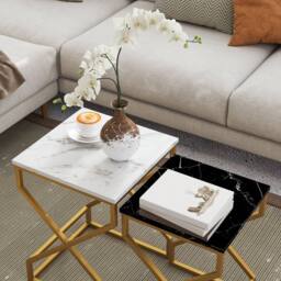 Wyld Haus Revi Set of 2 Marble Effect Nesting Side Tables Gold Metal Legs in Black - thumbnail 7
