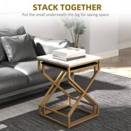 Wyld Haus Revi Set of 2 Marble Effect Nesting Side Tables Gold Metal Legs in Black - thumbnail 4
