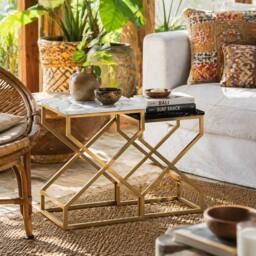 Wyld Haus Revi Set of 2 Marble Effect Nesting Side Tables Gold Metal Legs in Black - thumbnail 1
