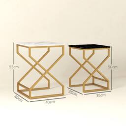 Wyld Haus Revi Set of 2 Marble Effect Nesting Side Tables Gold Metal Legs in Black - thumbnail 3