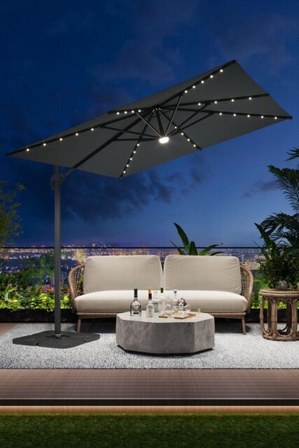 Garden Sanctuary Solar-Powered Outdoor Square Cantilever Parasol with Lights & HDPE Base in Dark Grey - image 1