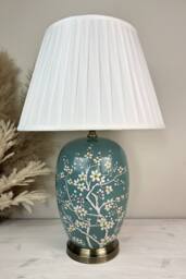 Downton Interiors Green Blossom Ceramic Table Lamp with Pleated Shade (G2122 Pleated) - Size: Large
