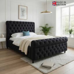 Casani Steeton Sleigh Upholstered Black Soft Velvet Designer Bed Frame - Size: Single - thumbnail 5