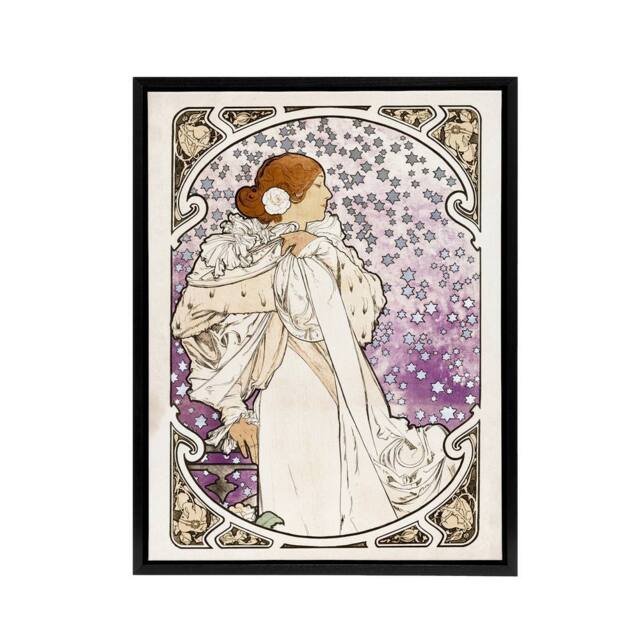 "Artery8 Lady of Camellias Theatre Portrait Framed Canvas Wall Art Print Mucha in Purple - Size: W12"" x H16""" - image 1