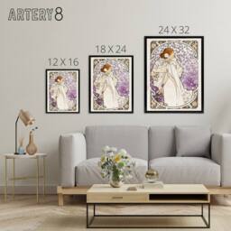 "Artery8 Lady of Camellias Theatre Portrait Framed Canvas Wall Art Print Mucha in Purple - Size: W12"" x H16""" - thumbnail 4