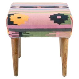 Orsina Upholstered Footstool, Tribal Pattern Cotton Seat With Mango Wood Legs, Handcrafted Boho Accent Stool - thumbnail 3