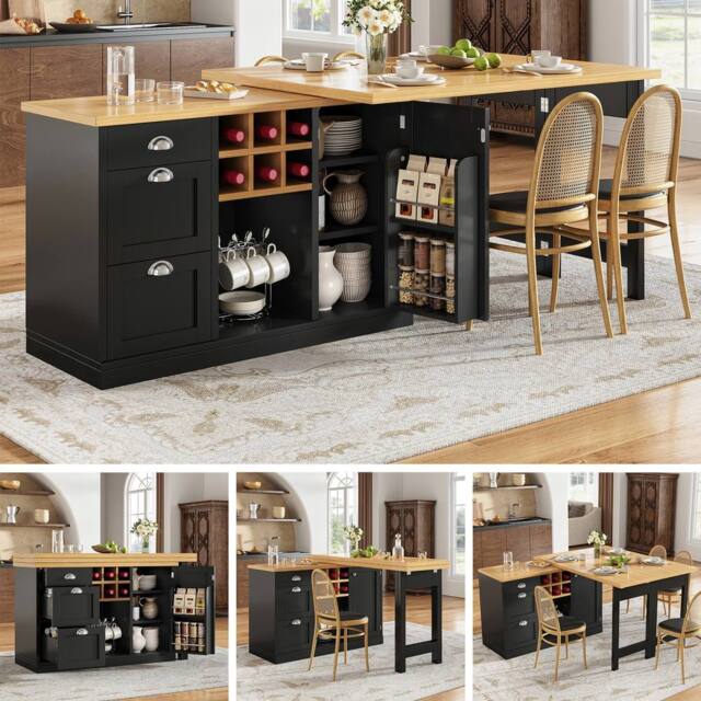 BTM Extendable Sideboard Dining Table Wine Rack Storage Drawers in Black - image 1