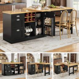 BTM Extendable Sideboard Dining Table Wine Rack Storage Drawers in Black - thumbnail 1