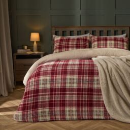 OHS Teddy Fleece Duvet Cover Set Pillowcase Bedding Check in Red - Size: Double