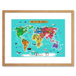 "Artery8 Wall Art Print World Map with Landmarks & Animals Art Framed 9x7 inch in Beige - Size: W7"" x H9""" - thumbnail 1