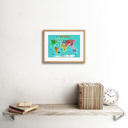 "Artery8 Wall Art Print World Map with Landmarks & Animals Art Framed 9x7 inch in Beige - Size: W7"" x H9""" - thumbnail 2