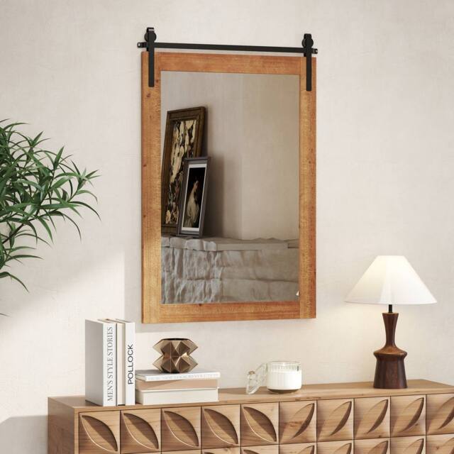 Gymax 61x91CM Rustic Farmhouse Wall Mirror With Wood Frame & Metal Bracket in Brown - Size: 61x91 cm - image 1