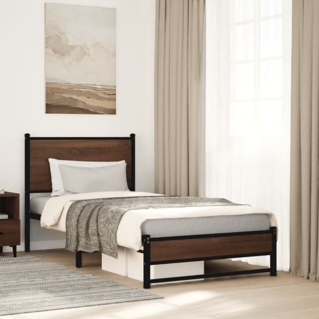 Berkfield Home Metal Bed Frame without Mattress Brown Oak 90x200 cm - image 1