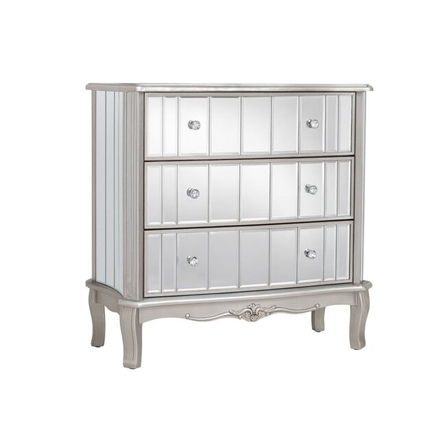 Melody Maison Silver Mirrored Chest Of Drawers & Pair Of 3 Drawer Bedside Tables - Tiffany Range - image 1