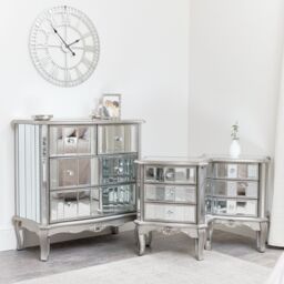 Melody Maison Silver Mirrored Chest Of Drawers & Pair Of 3 Drawer Bedside Tables - Tiffany Range - thumbnail 5