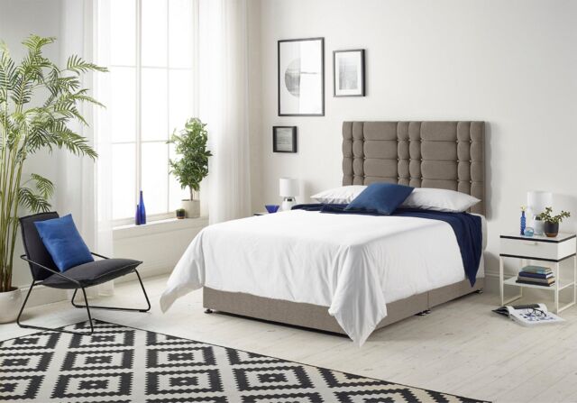 Somnior Bliss Sprung Memory Foam 2 Drawer Divan Bed Set with Upholstered Headboard Tweed Fabric in Brown - Size: Small Double - image 1