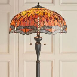 Loops 1.5m Tiffany Twin Floor Lamp Dark Bronze & Dragonfly Stained Glass Shade i00014 in Clear - thumbnail 4