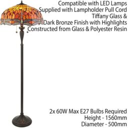 Loops 1.5m Tiffany Twin Floor Lamp Dark Bronze & Dragonfly Stained Glass Shade i00014 in Clear - thumbnail 2