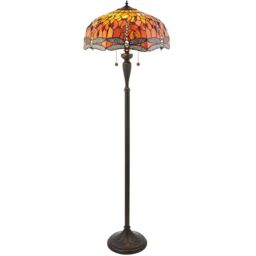 Loops 1.5m Tiffany Twin Floor Lamp Dark Bronze & Dragonfly Stained Glass Shade i00014 in Clear