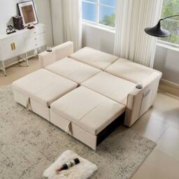 Merax King Size 3-Seater Convertible Sofa Bed with Pull-Out Action in Beige - thumbnail 7