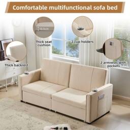 Merax King Size 3-Seater Convertible Sofa Bed with Pull-Out Action in Beige - thumbnail 3