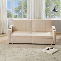 Merax King Size 3-Seater Convertible Sofa Bed with Pull-Out Action in Beige - thumbnail 8