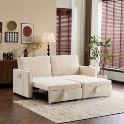 Merax King Size 3-Seater Convertible Sofa Bed with Pull-Out Action in Beige - thumbnail 1