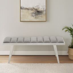 Orsina Grey Velvet Bench with Splayed Silver Legs, Channel‑Tufted Plush Seat, Elegant Mid‑Century Accent Seating