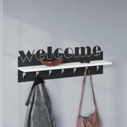 Decortie Welcome' Modern Wall Hanger with Shelf 7 Black Metal Hooks Storage Rack in White - Size: 1 Pack - thumbnail 4