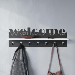 Decortie Welcome' Modern Wall Hanger with Shelf 7 Black Metal Hooks Storage Rack in White - Size: 1 Pack - thumbnail 6
